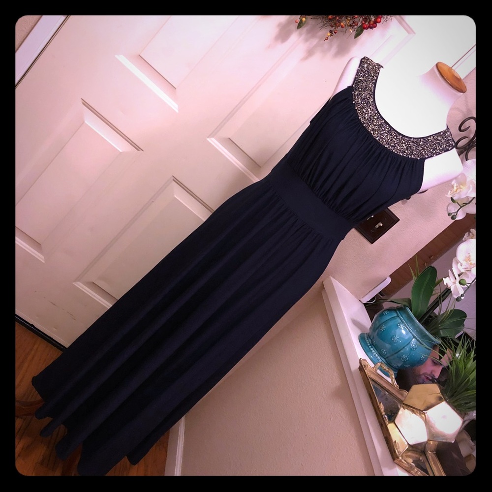 Haani  Embellished Neckline Navy Maxi Dress